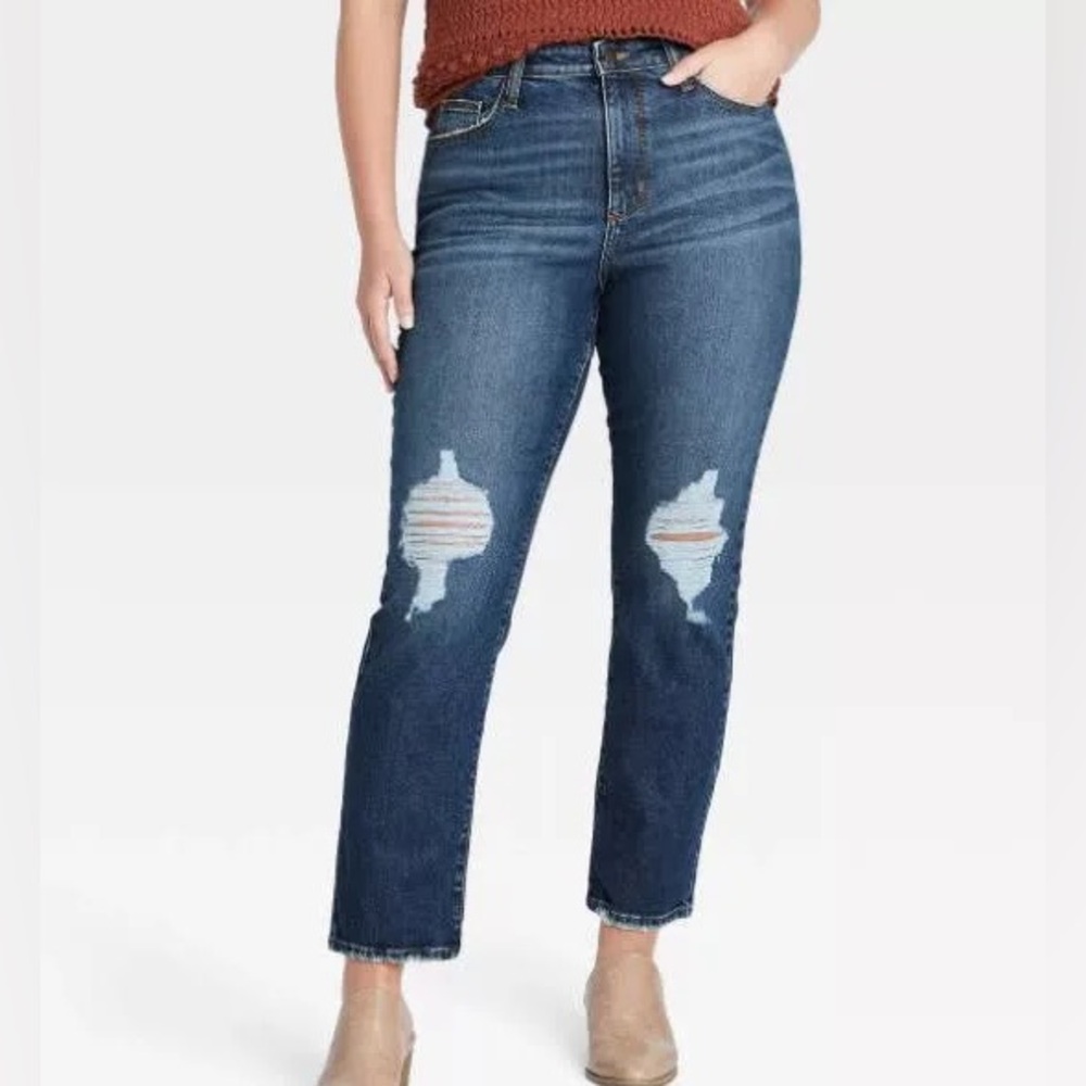 High rise slim straight jeans with tears